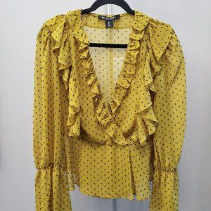 𝅺belle Vere Mustard Black Polka Dot Ruffled V-Neck Peplum Blouse Size S